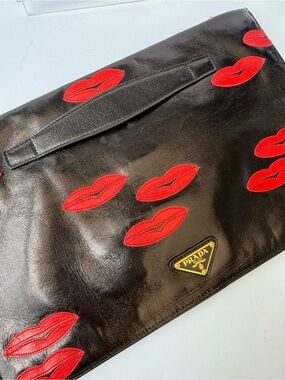 Prada Black Leather Clutch with Red Lip Appliqués